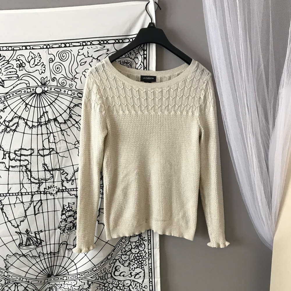 White and gold ruffle sleeve sweater